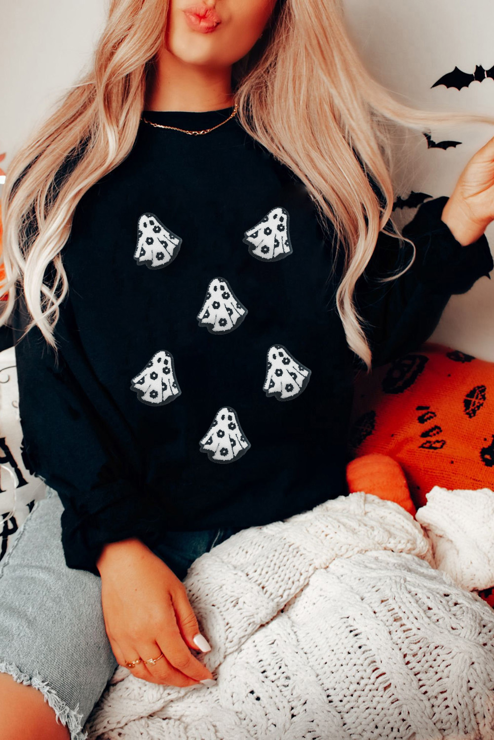 Wisteria Glitter Trim Chenille Ghost Patched Halloween Graphic Tee - loveforevers