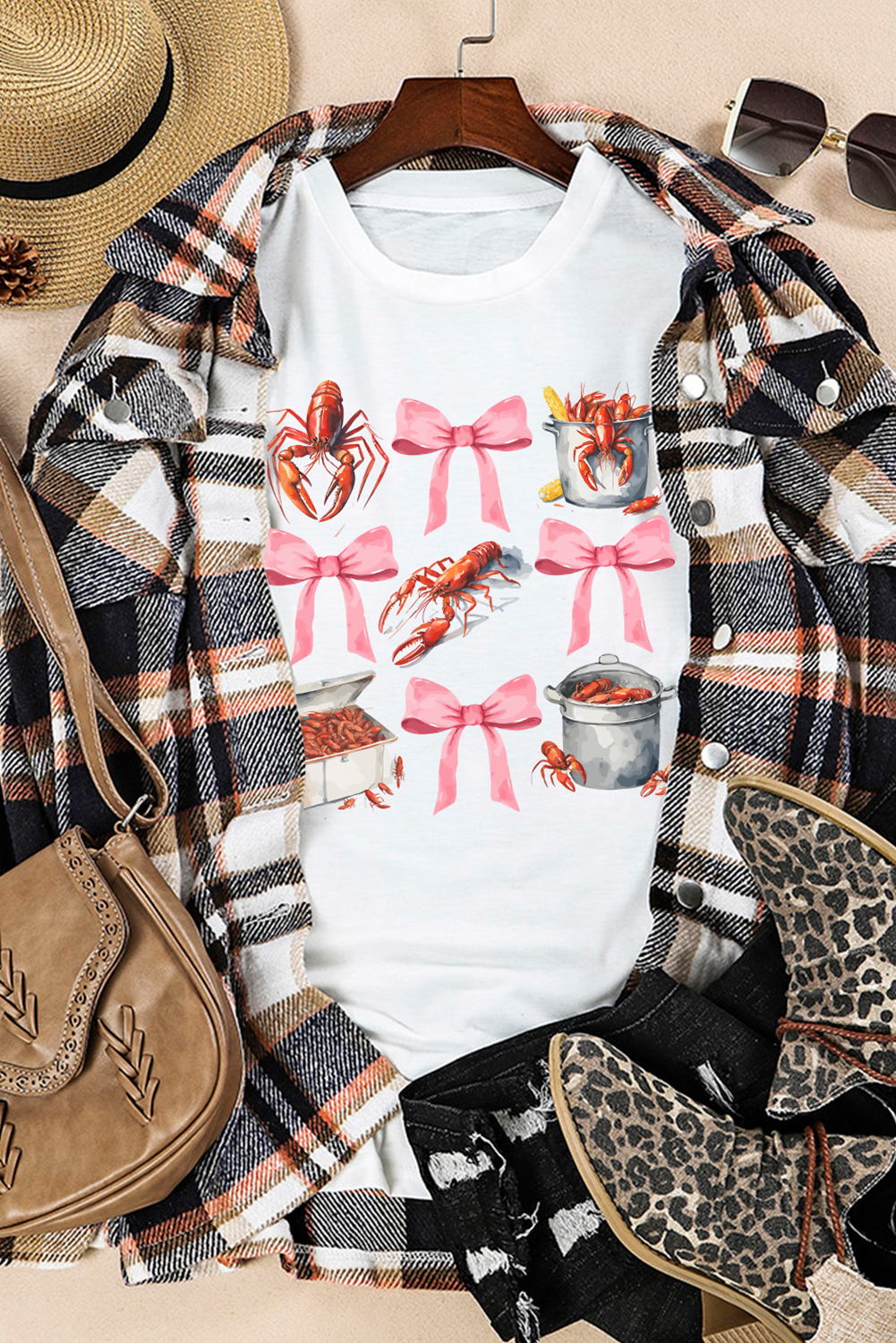 White Crawfish Boil Bow Graphic Crewneck Tee - loveforevers