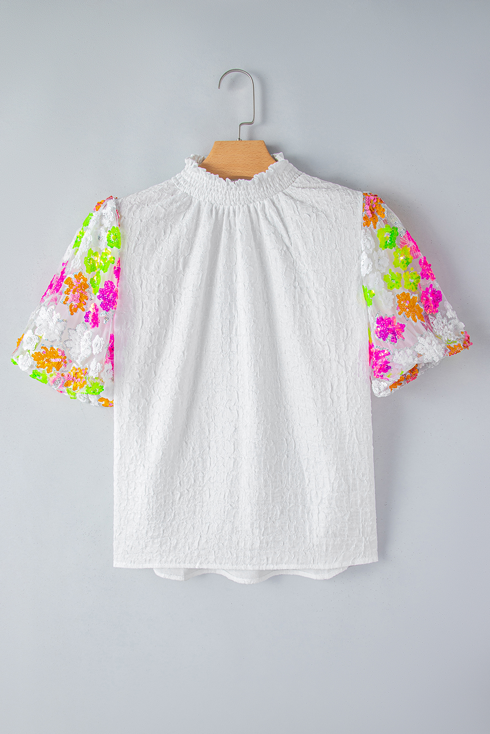 White Smocked Collar Sequin Flower Puff Sleeve Textured Top - loveforevers