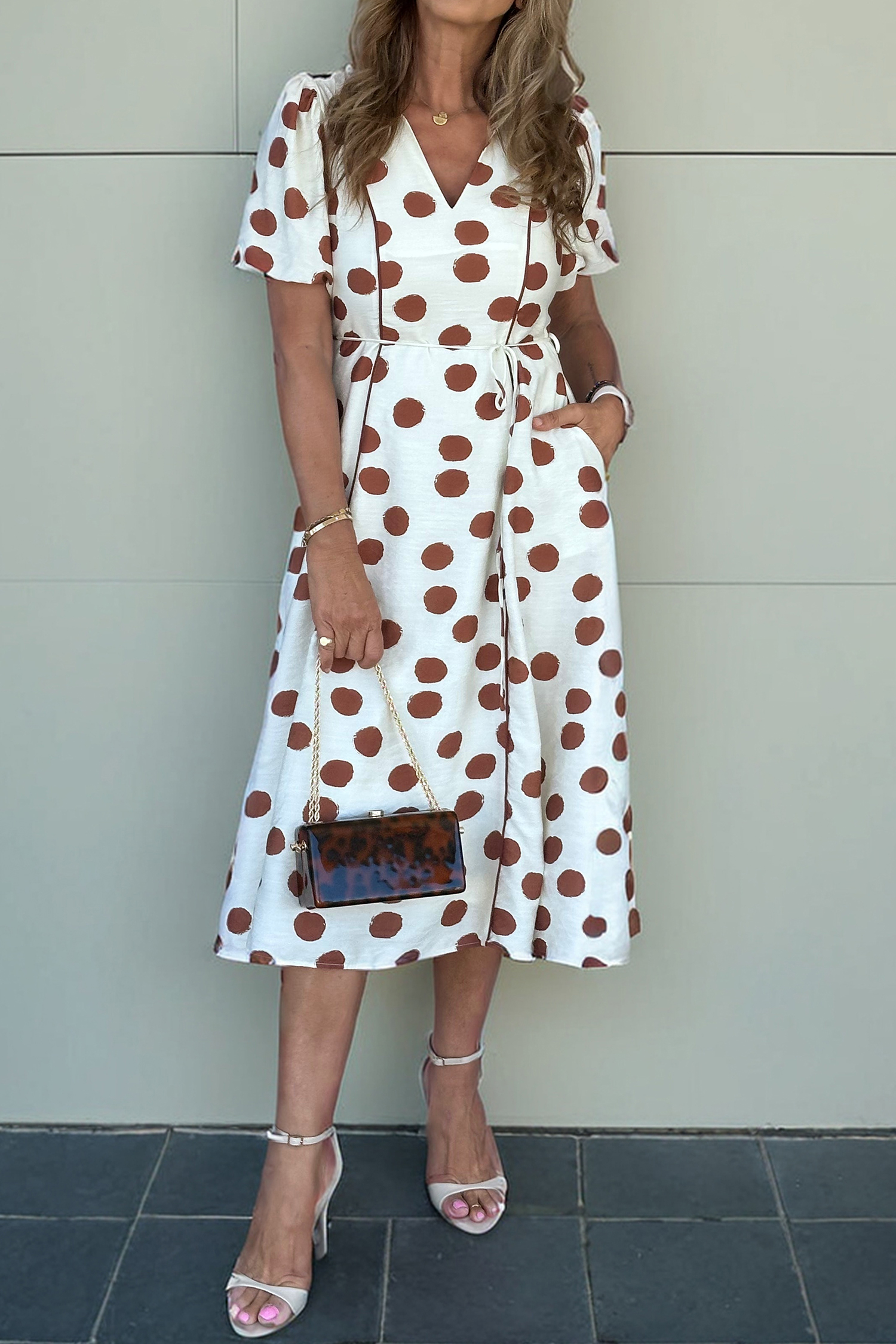 White Polka Dot Printed V Neck Short Sleeve Tie Waist Midi Dress - loveforevers
