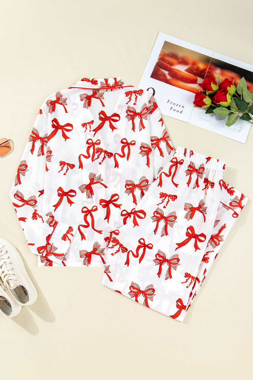 Red Christmas Bow Print Long 2pcs Pajama Set - loveforevers