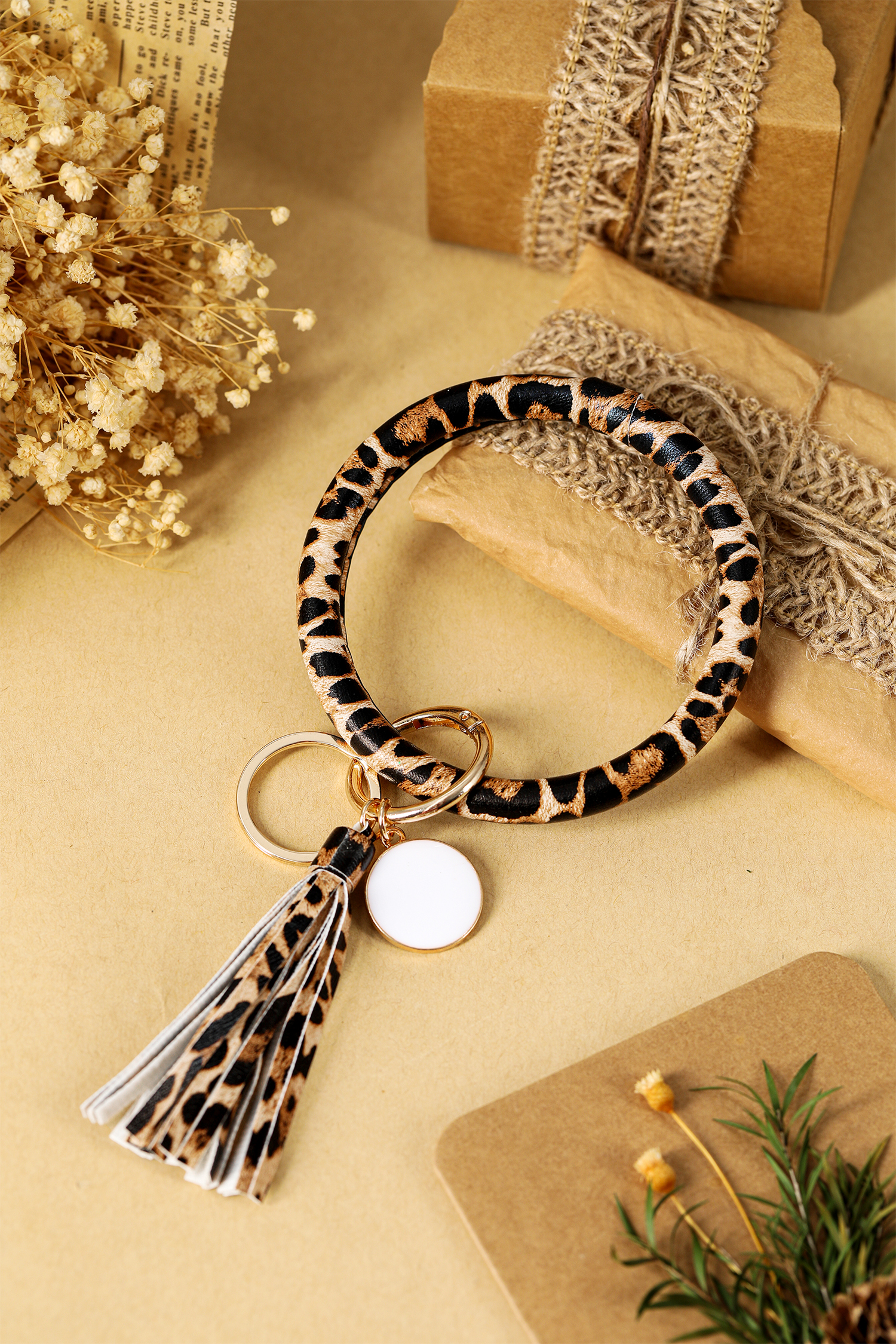 Parchment Leopard PU Leather Tassel Key Chain Bangle Bracelet - loveforevers