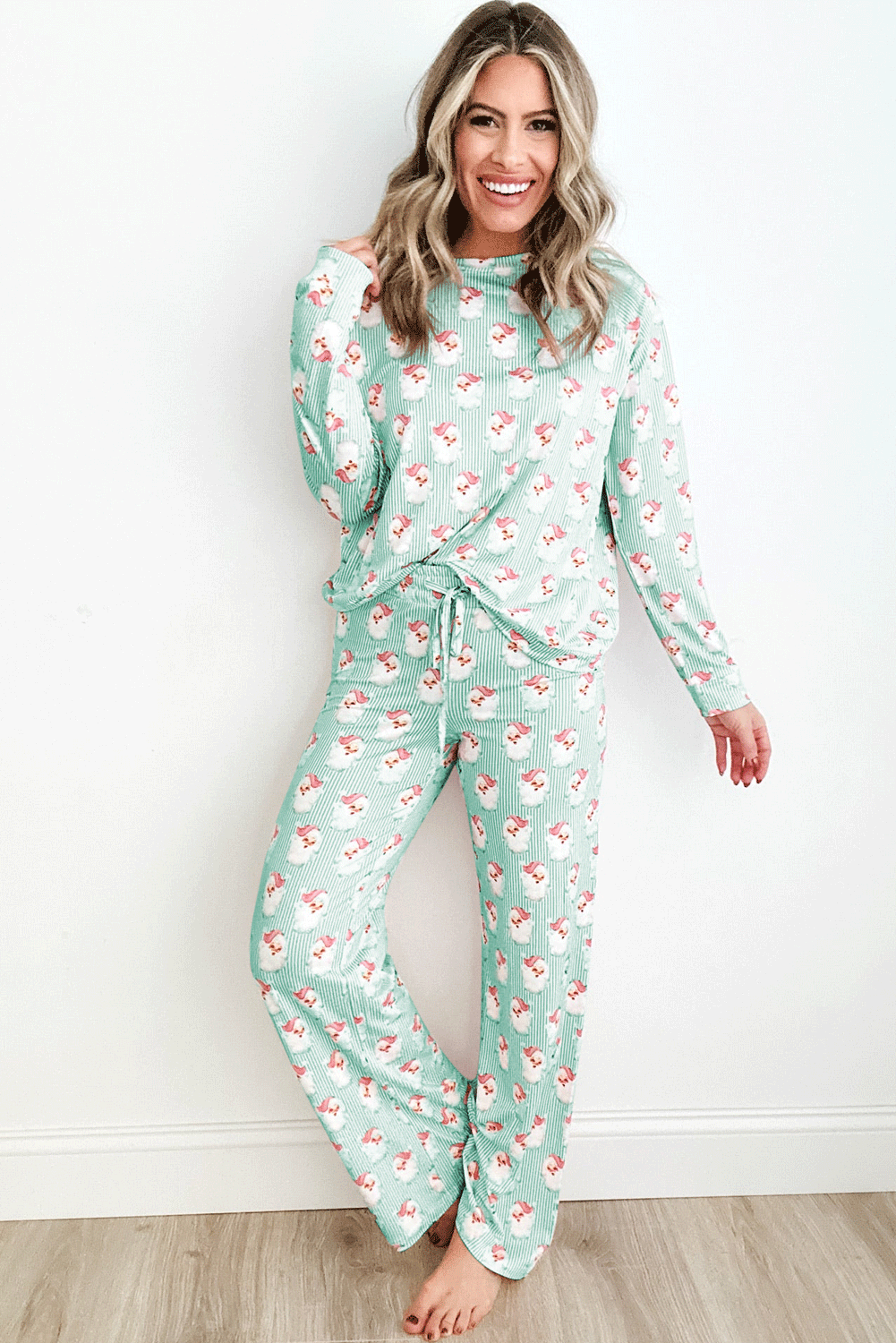 Green Santa Claus Striped Print Loose Fit Two Piece Lounge Set - loveforevers
