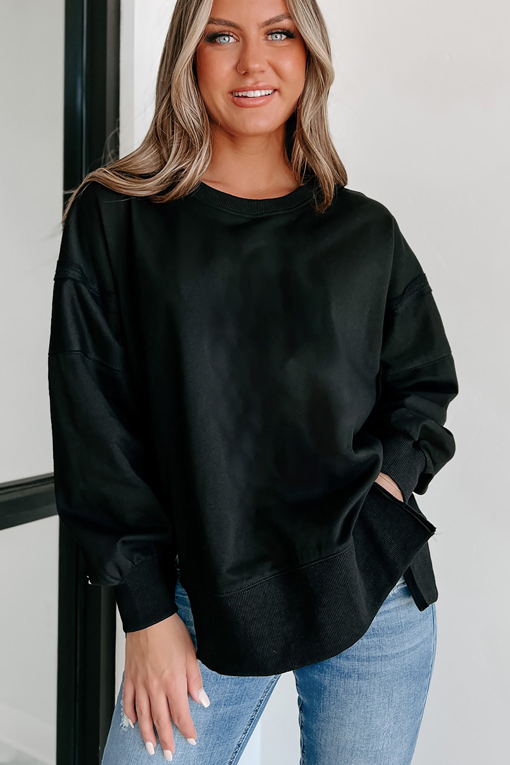Black Exposed Seam Drop Shoulder Round Neck Sweatshirt with Slits - loveforevers