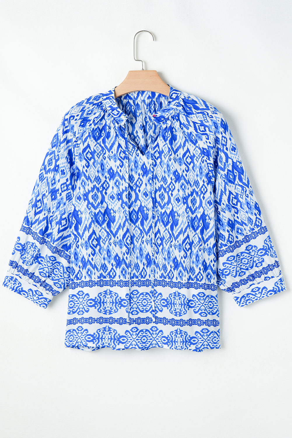 Blue Boho Printed 3/4 Sleeve Tied Neck Blouse - loveforevers
