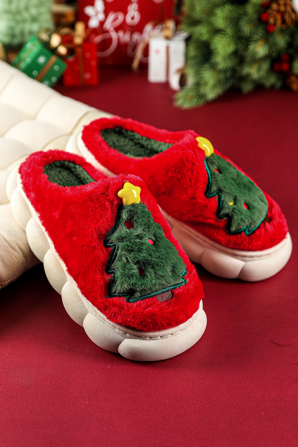 Fiery Red Christmas Tree Graphic Thick Sole Plush Slippers - loveforevers