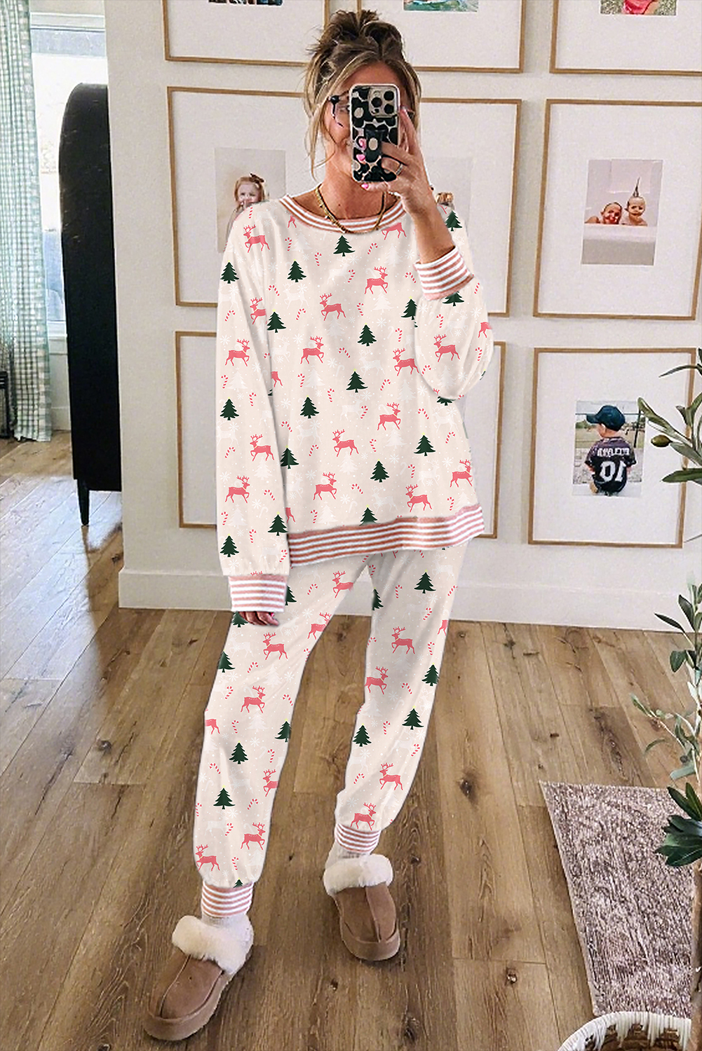 Pink Bow Christmas Tree Print Contrast Striped Banding 2pcs Lounge Set - loveforevers