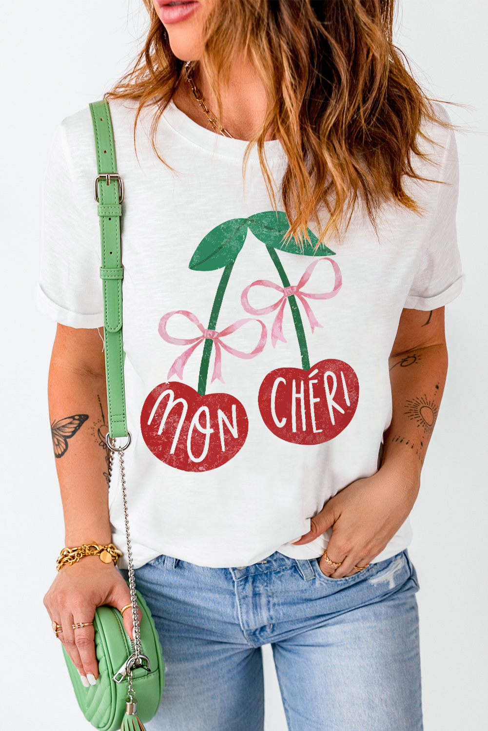 Pink Bow Cherry Print Crew Neck Casual T Shirt - loveforevers