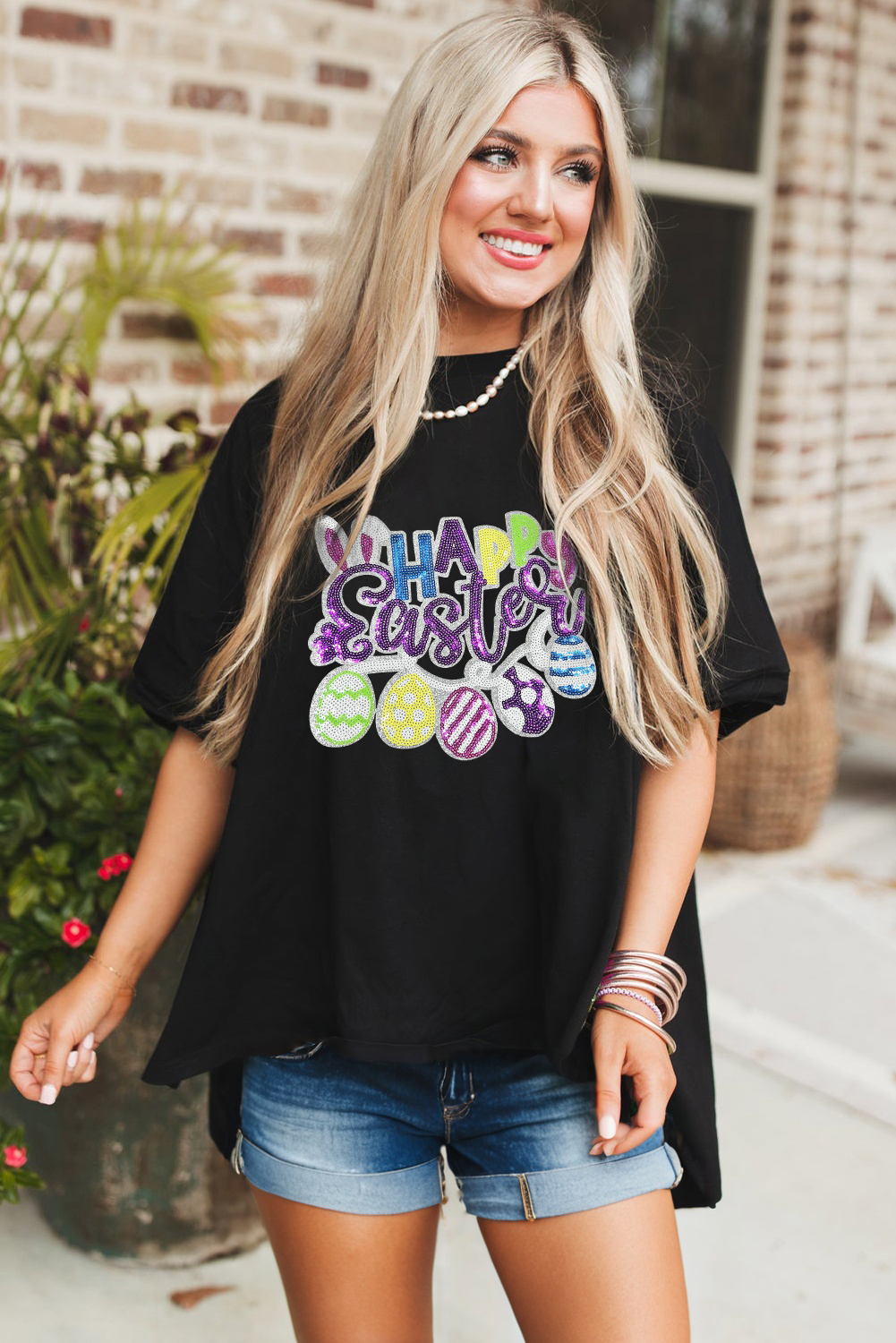 Black Happy Easter Sequin Graphic Dropped Shoulder T Shirt - loveforevers