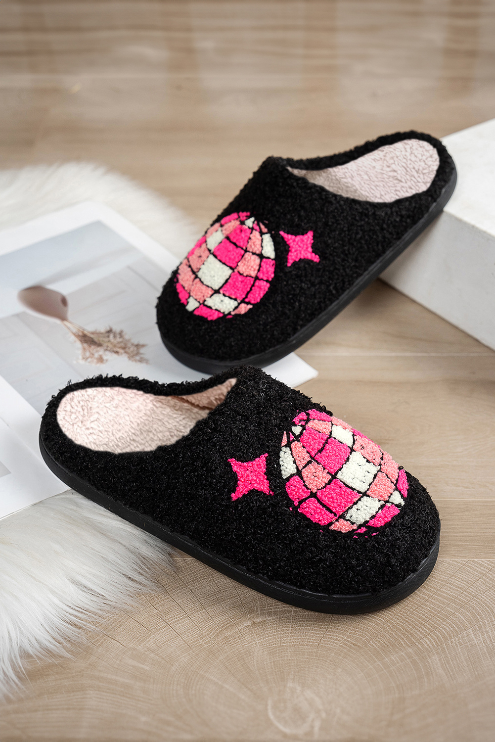 Black Disco Ball Print Fuzzy Winter House Slippers - loveforevers
