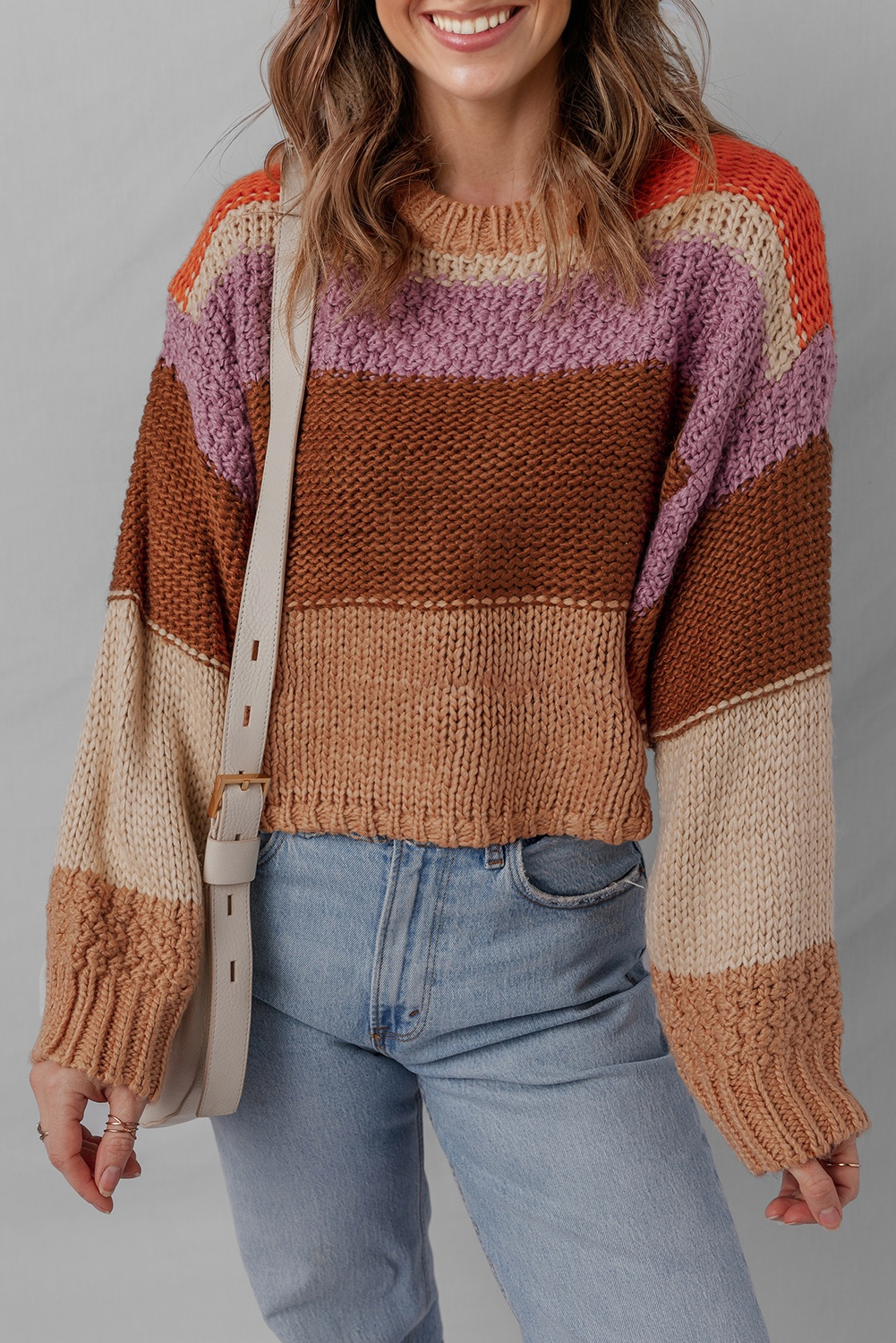 Multicolour Cropped Colorblock Drop Shoulder Knitted Sweater - loveforevers