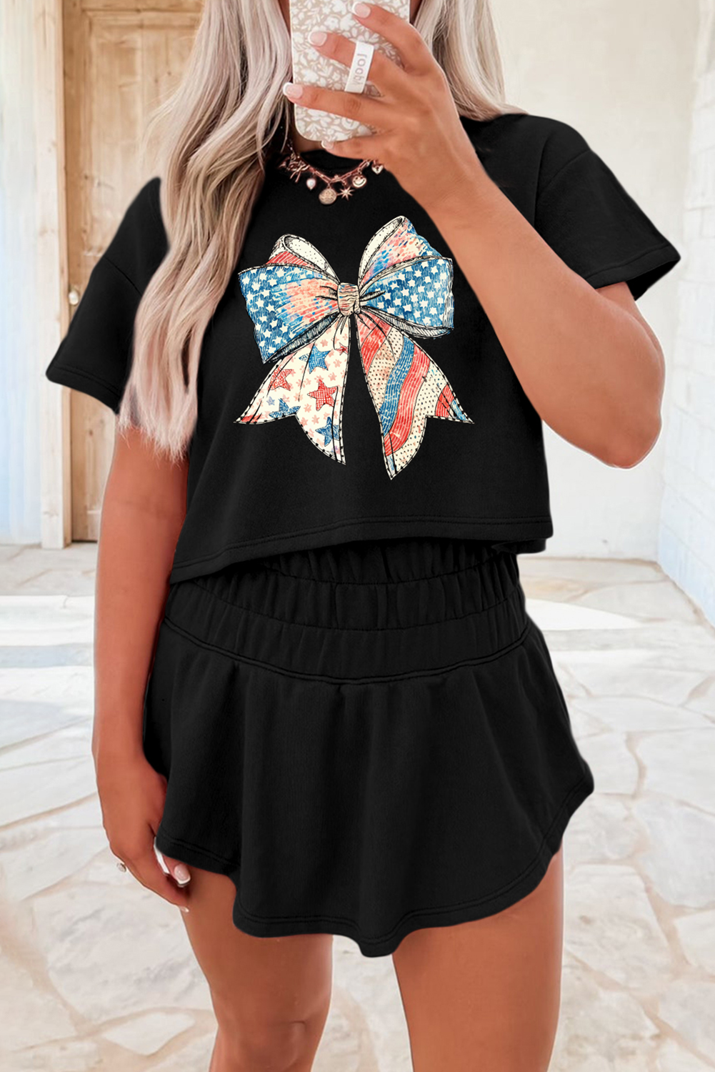 Black American Flag Inspired Bow Print Relaxed Tee and Skort 2pcs Outfit - loveforevers