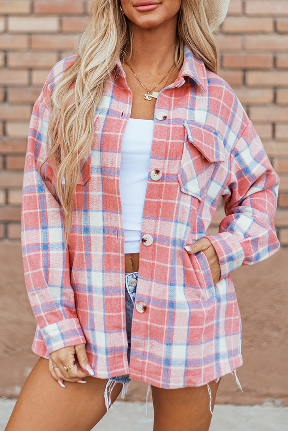 Pink Plaid Flap Pocket Button Up Shacket - loveforevers