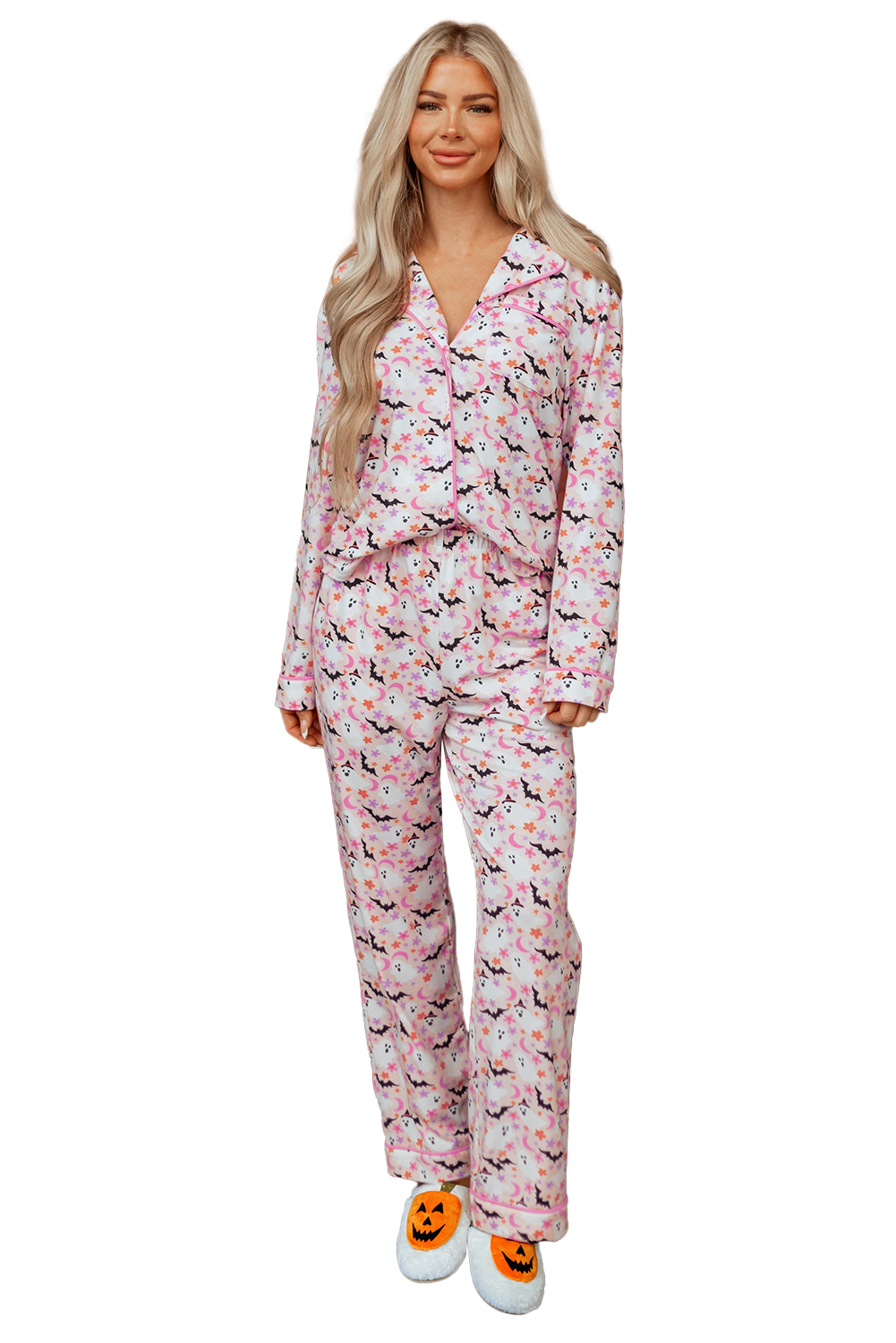 Pink Halloween Eve Haunted Honey Bat Print Pajama Set - loveforevers