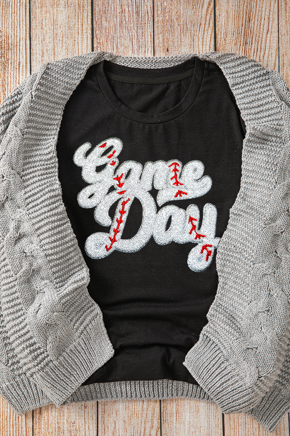 Black Sequin Game Day Graphic Crew Neck Tee - loveforevers
