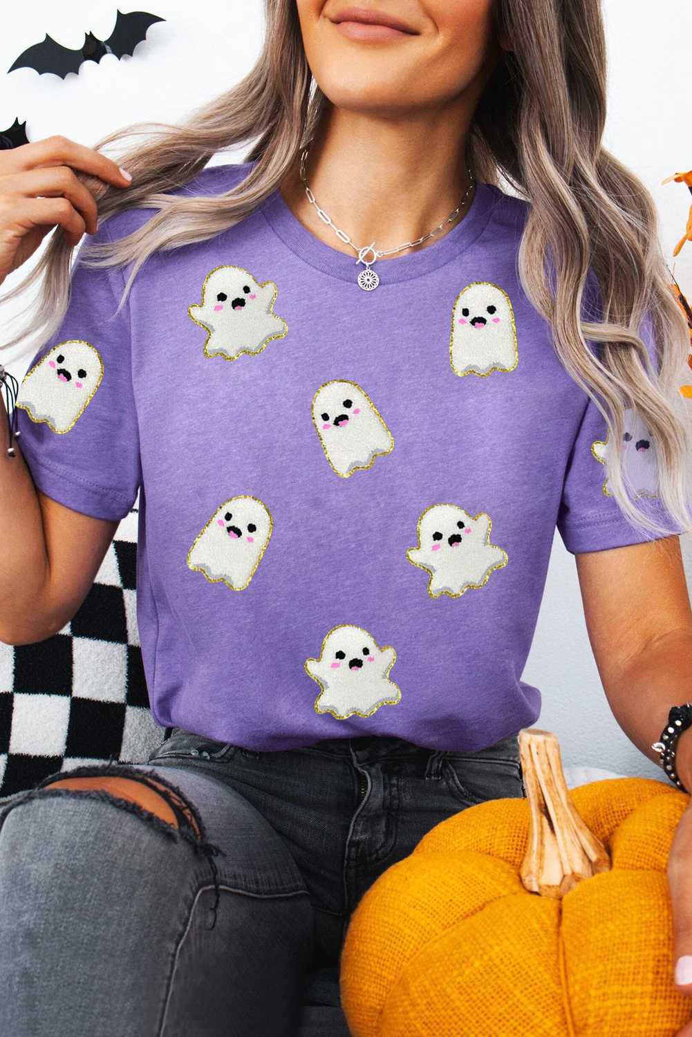 Wisteria Glitter Trim Chenille Ghost Patched Halloween Graphic Tee - loveforevers