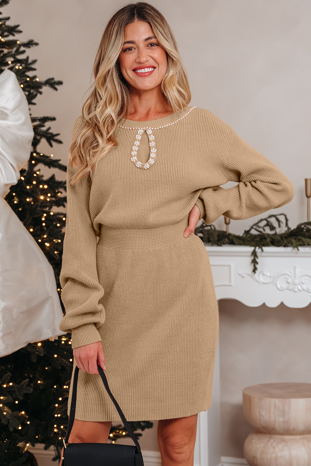 Smoke Gray Pearl Embellished Keyhole Ribbed Sweater Dress - loveforevers