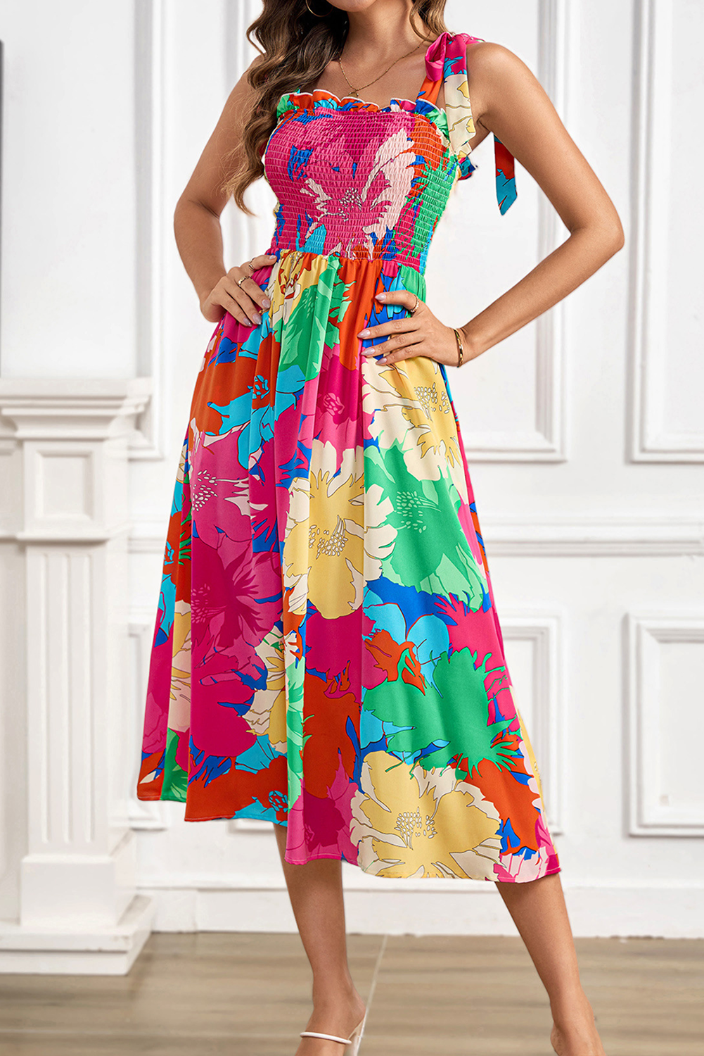Rose Bold Floral Print Knot Straps Smocked High Waist Midi Dress - loveforevers