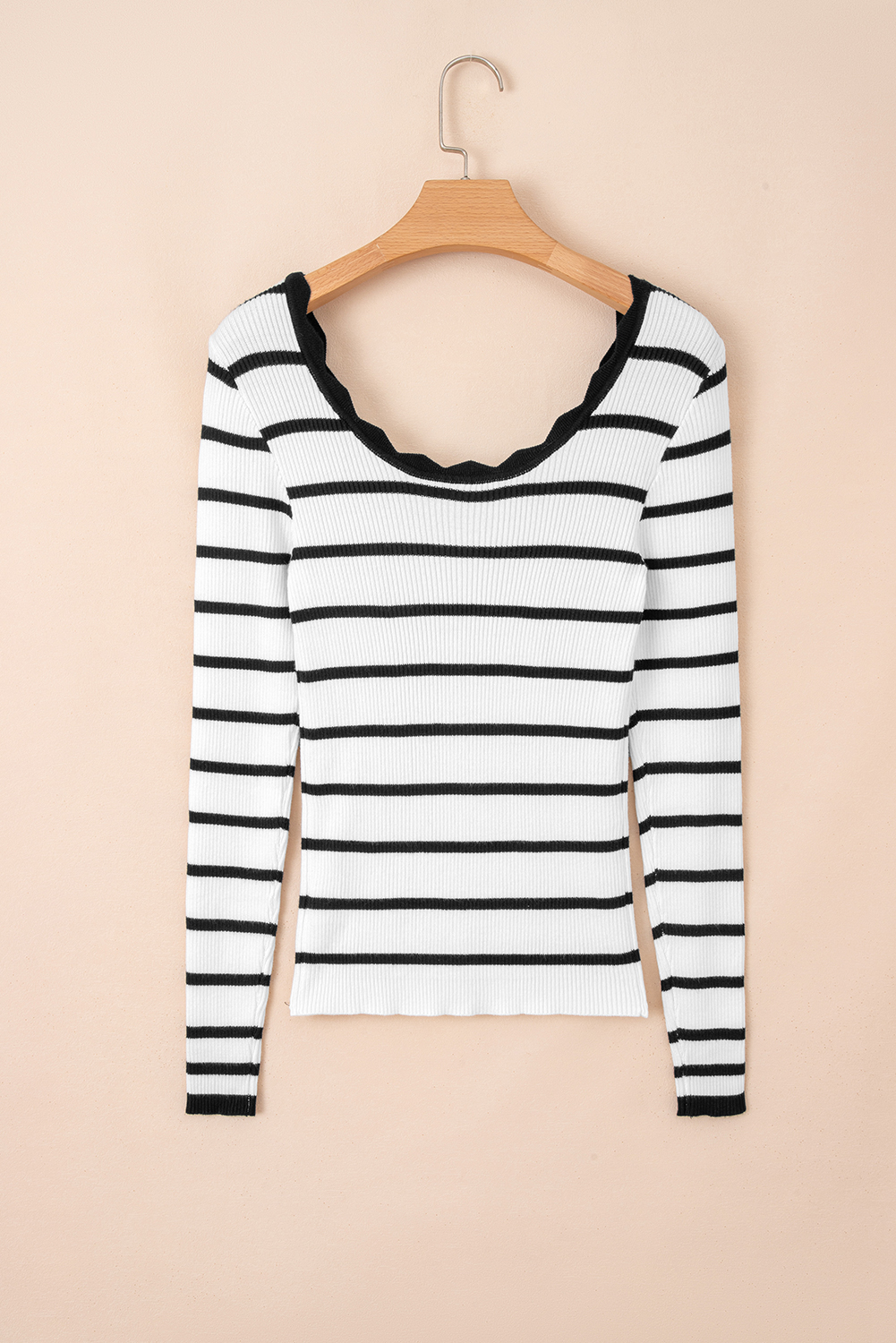 Black white Scalloped Trim U Neck Striped Ribbed Slim Sweater - loveforevers