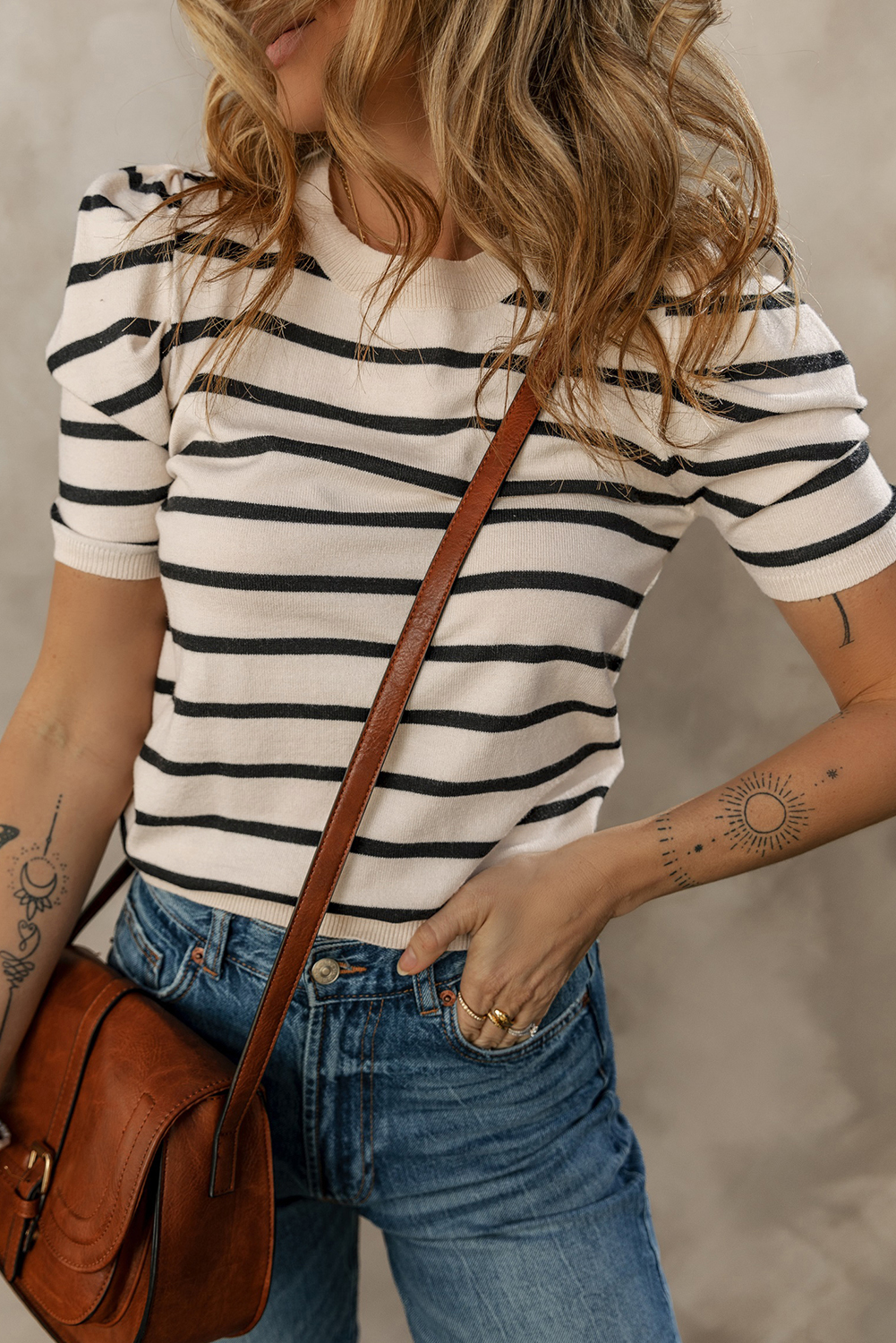 Blue Stripe Ribbed Trim Round Neck Bubble Sleeve Knitted Top - loveforevers