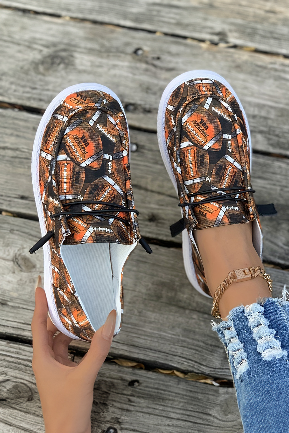 Coffee Rugby Allover Print Lace Up Detail Slip On Flat Shoes - loveforevers