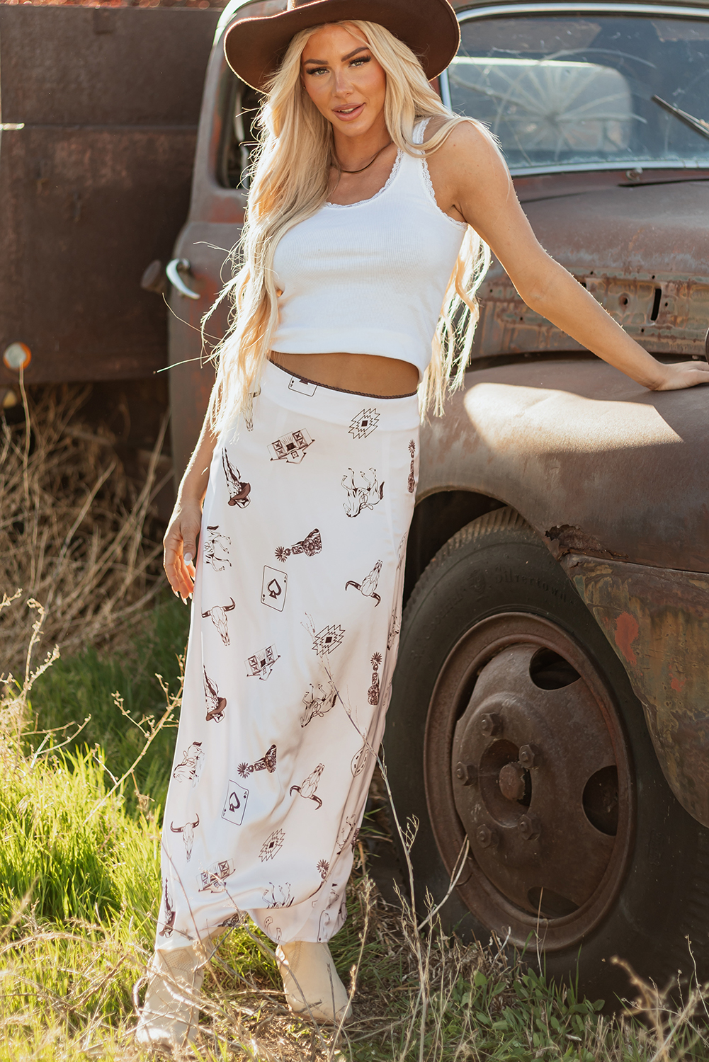 Beige Western Print Satin Long Skirt - loveforevers