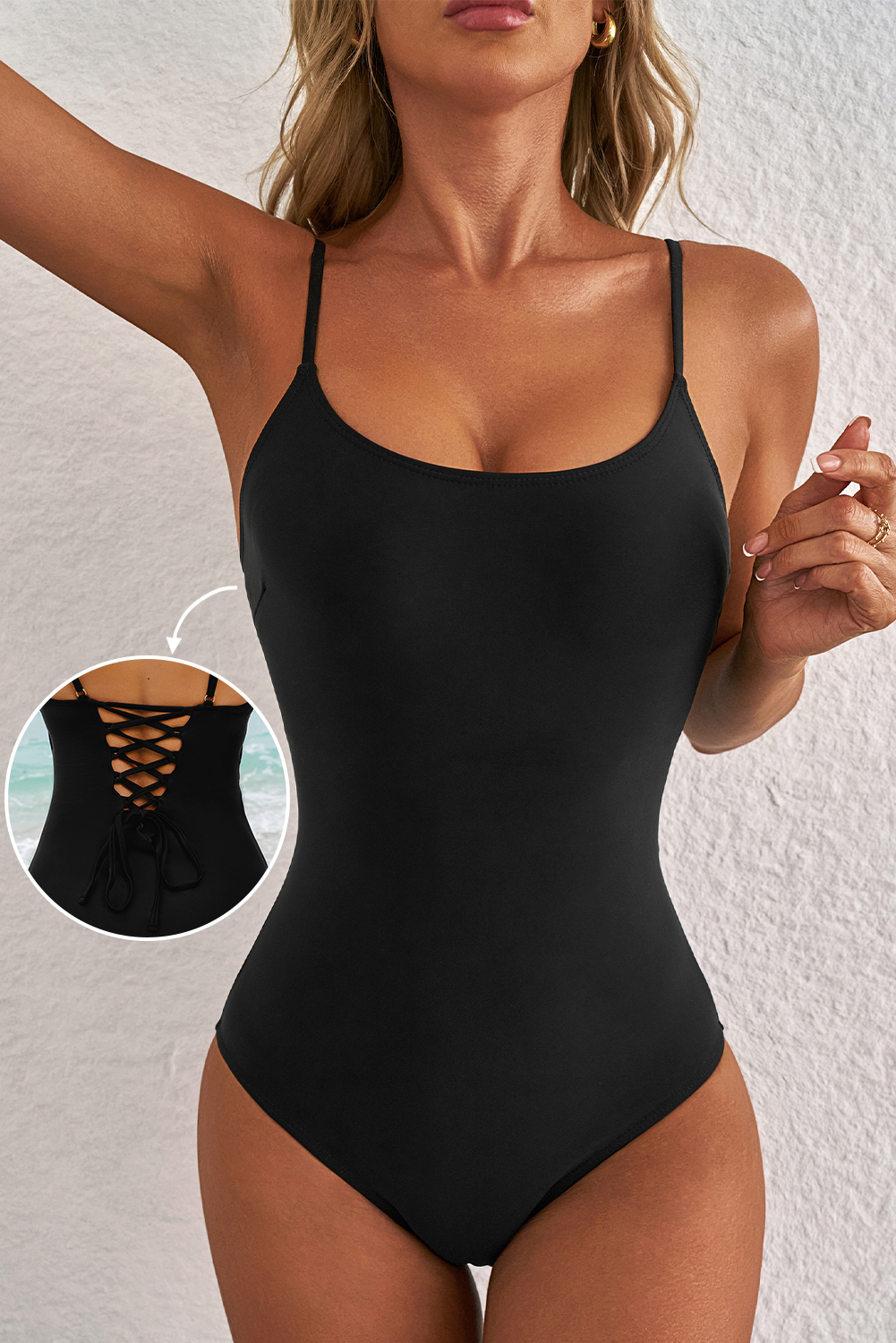 Dearlove Black Thin Strap Strappy Lace-up Open Back One Piece Swimsuit - loveforevers