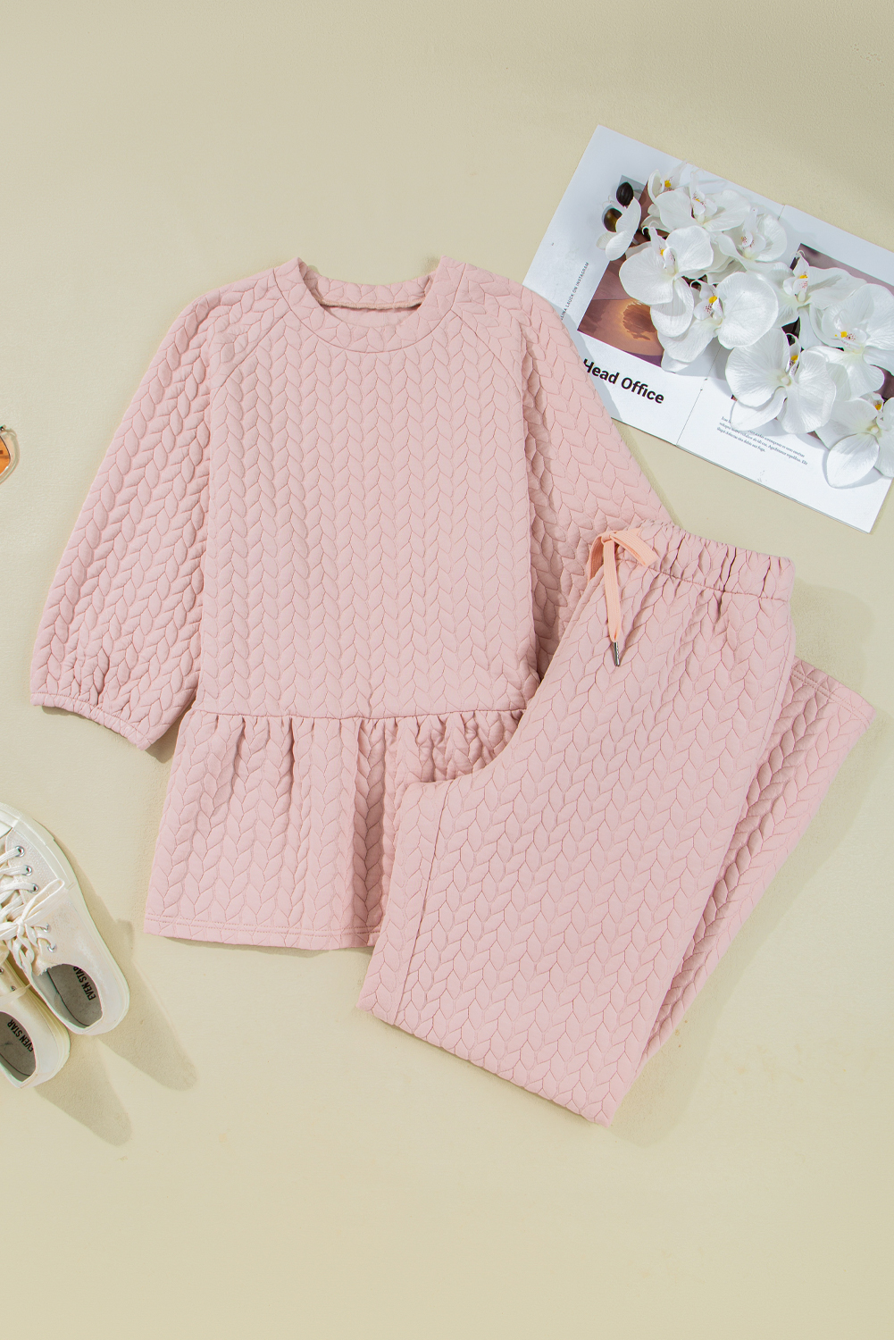 Delicacy Braided Texture Ruffle Hem Top Drawstring Loose Pants Set - loveforevers