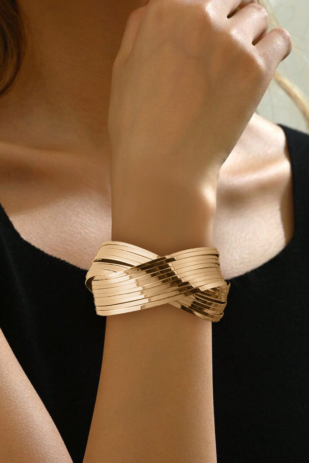 Gold Textured Crossover Metal Cuff Bracelet - loveforevers