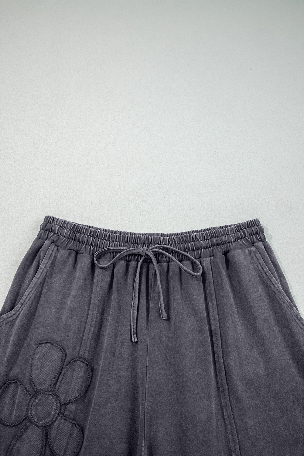 Light Grey Flower Patch Mineral Washed Terry Knit Cropped Wide Leg Pants - loveforevers