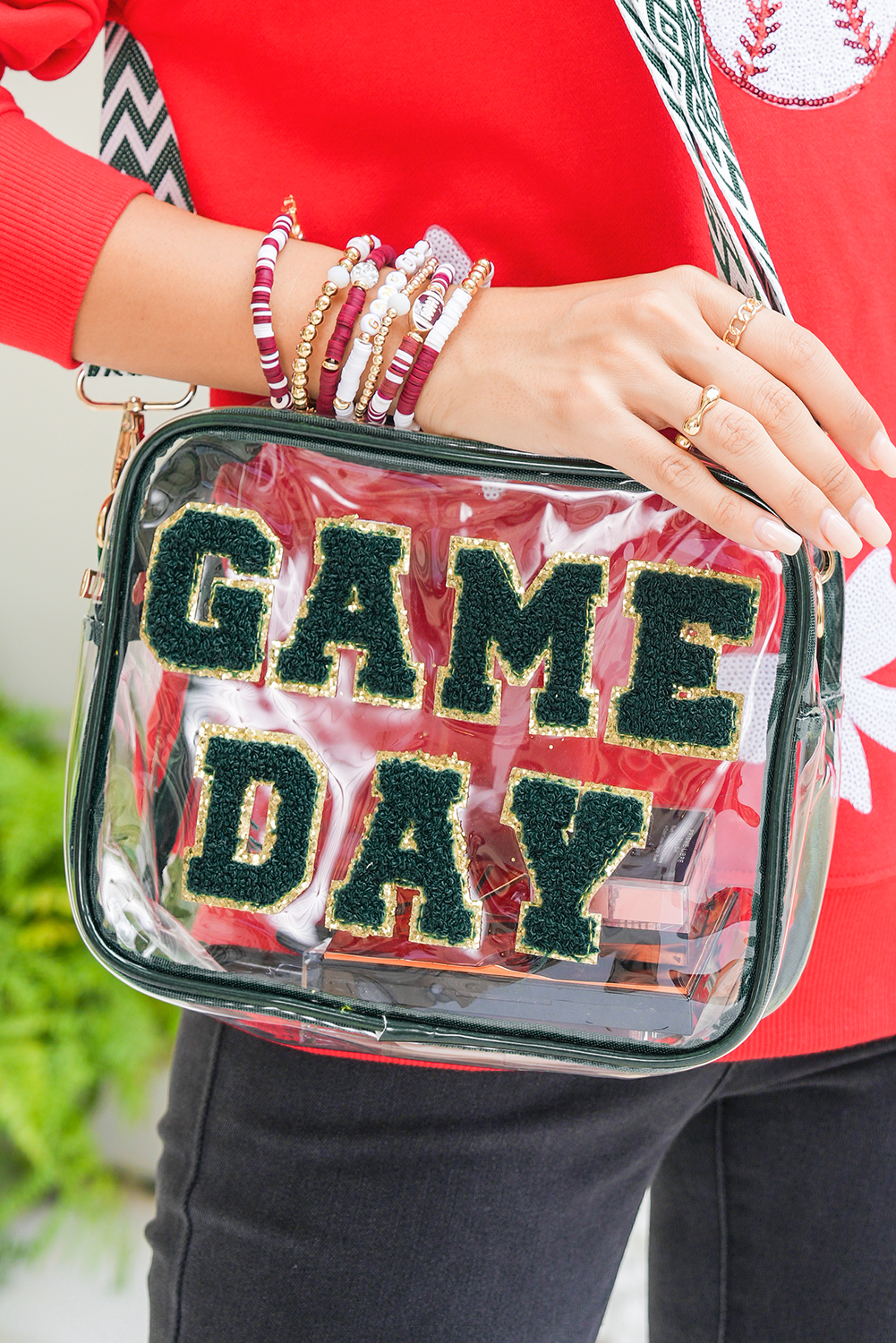 Blackish Green GAME DAY Chenille Embroidered Clear PVC Shoulder Bag - loveforevers