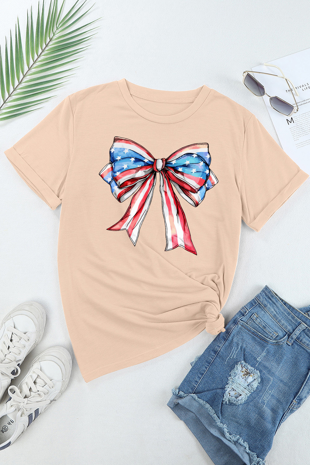 Khaki American Flag Bow Knot Print Round Neck T Shirt - loveforevers
