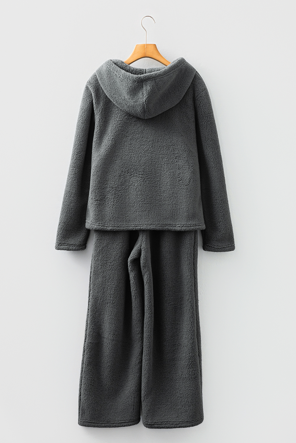 Medium Grey Fuzzy Drawstring Hoodie Lounge Pants 2pcs Set - loveforevers
