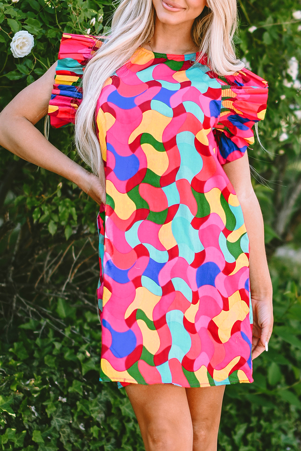 Rose Red Dramatic Ruffle Sleeve Smock Neck Wavy Print Top - loveforevers