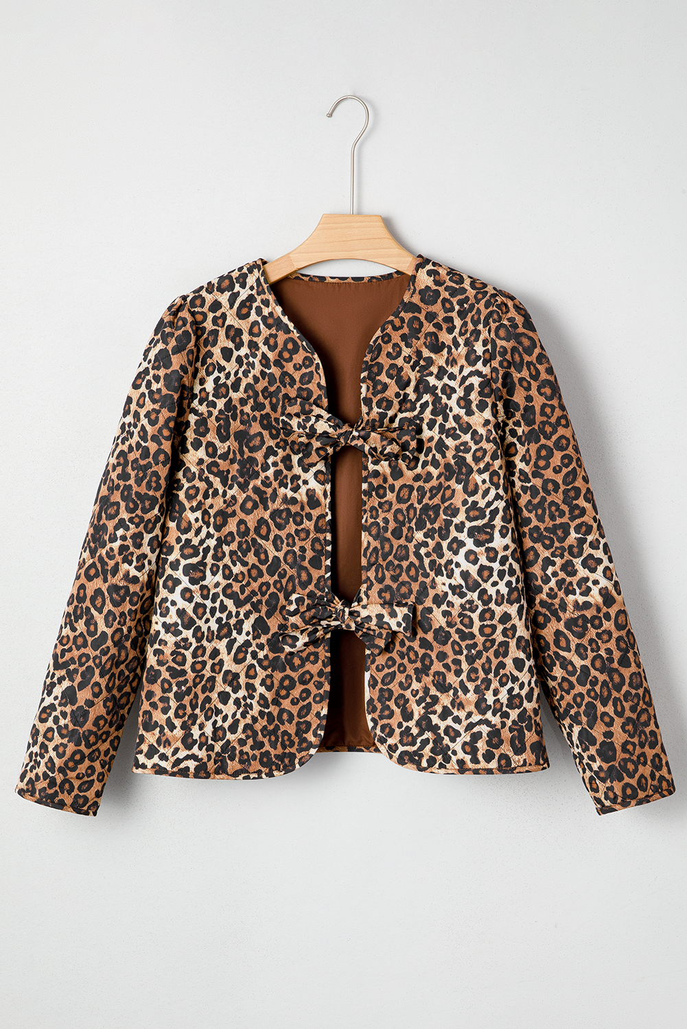 Khaki Leopard Quilted Tie Front Jacket - loveforevers