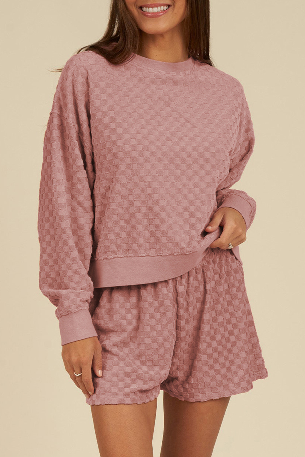 Blossom Checkered Textured Long Sleeve Top and Shorts Set - loveforevers