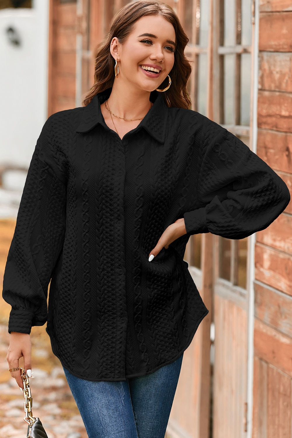 Sepia Rose Cable Texture Puff Sleeve Loose Shacket - loveforevers