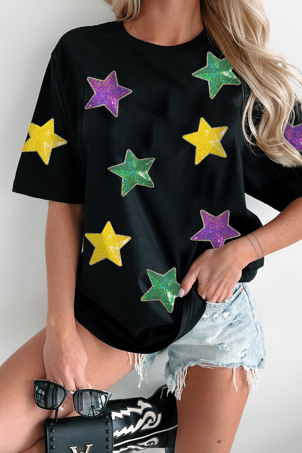 Black Colorful Sequin Stars Patched Relaxed T Shirt - loveforevers