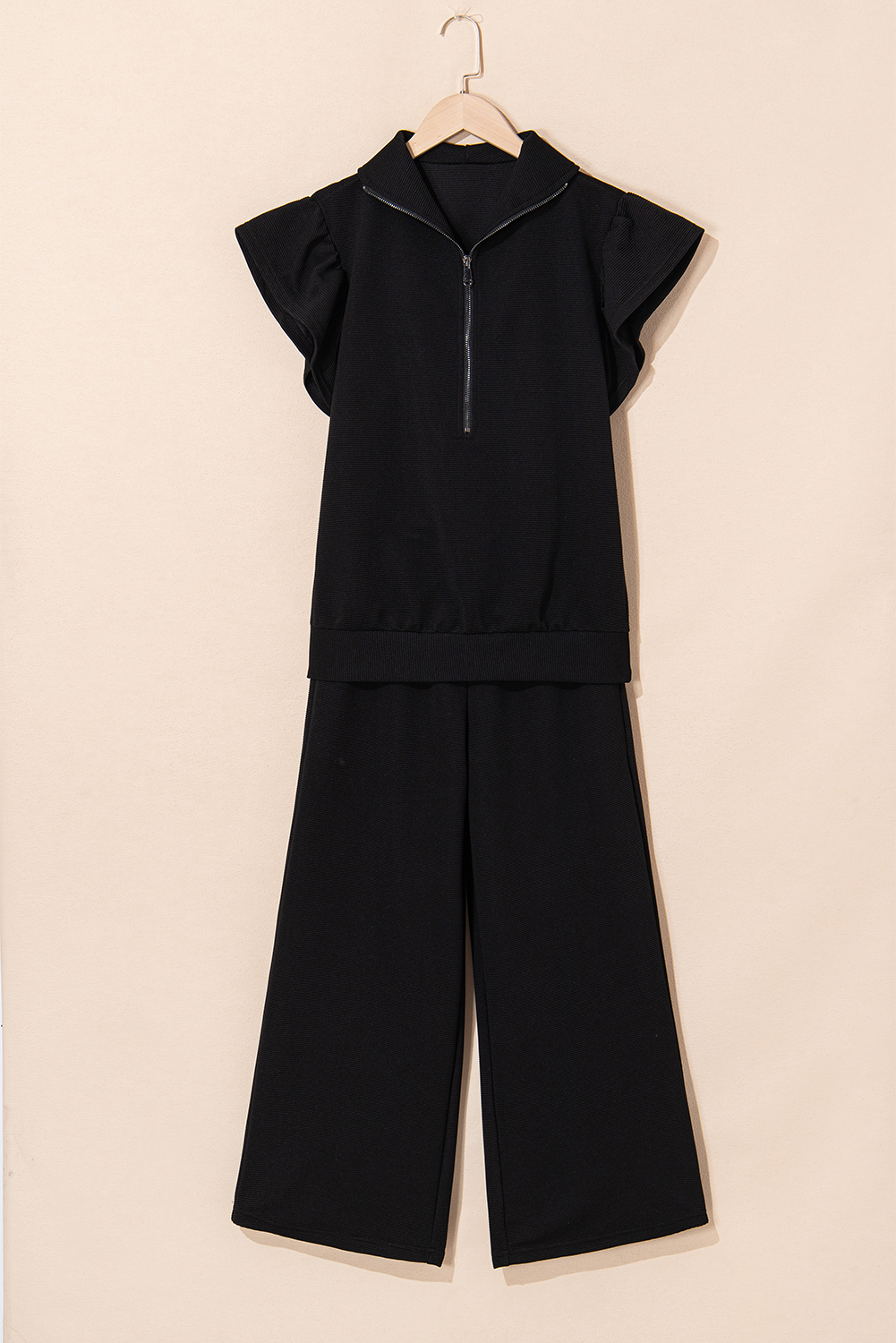 Black Textured Ruffled Sleeve Zipped Top and Wide Leg Pants Set - loveforevers