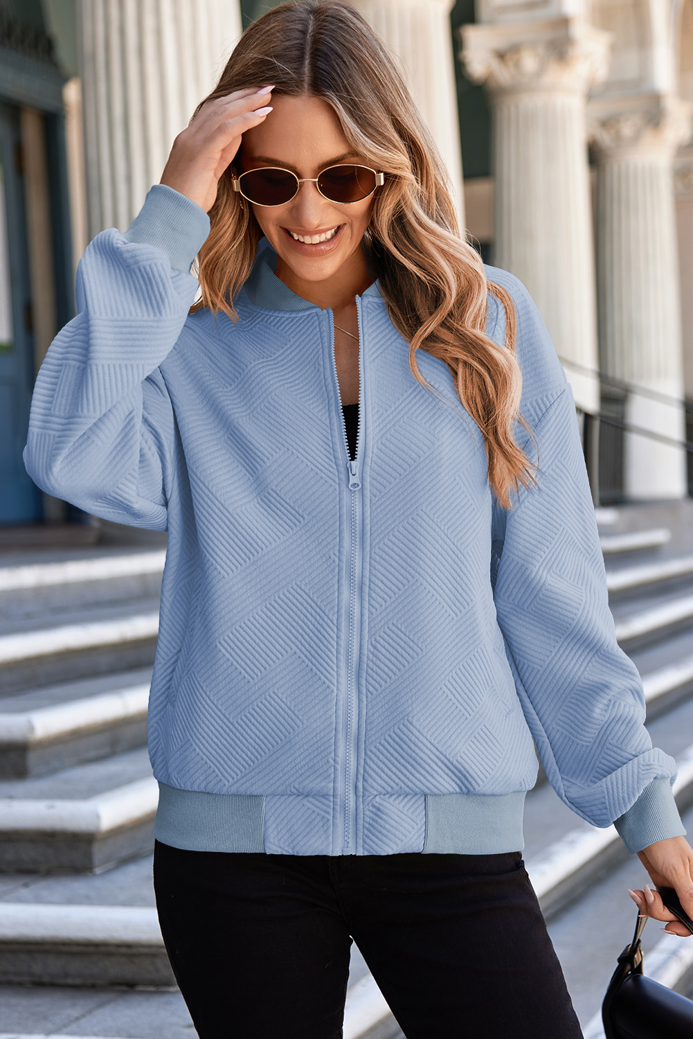 Myosotis Solid Textured Stand Neck Zipper Bomber Jacket - loveforevers