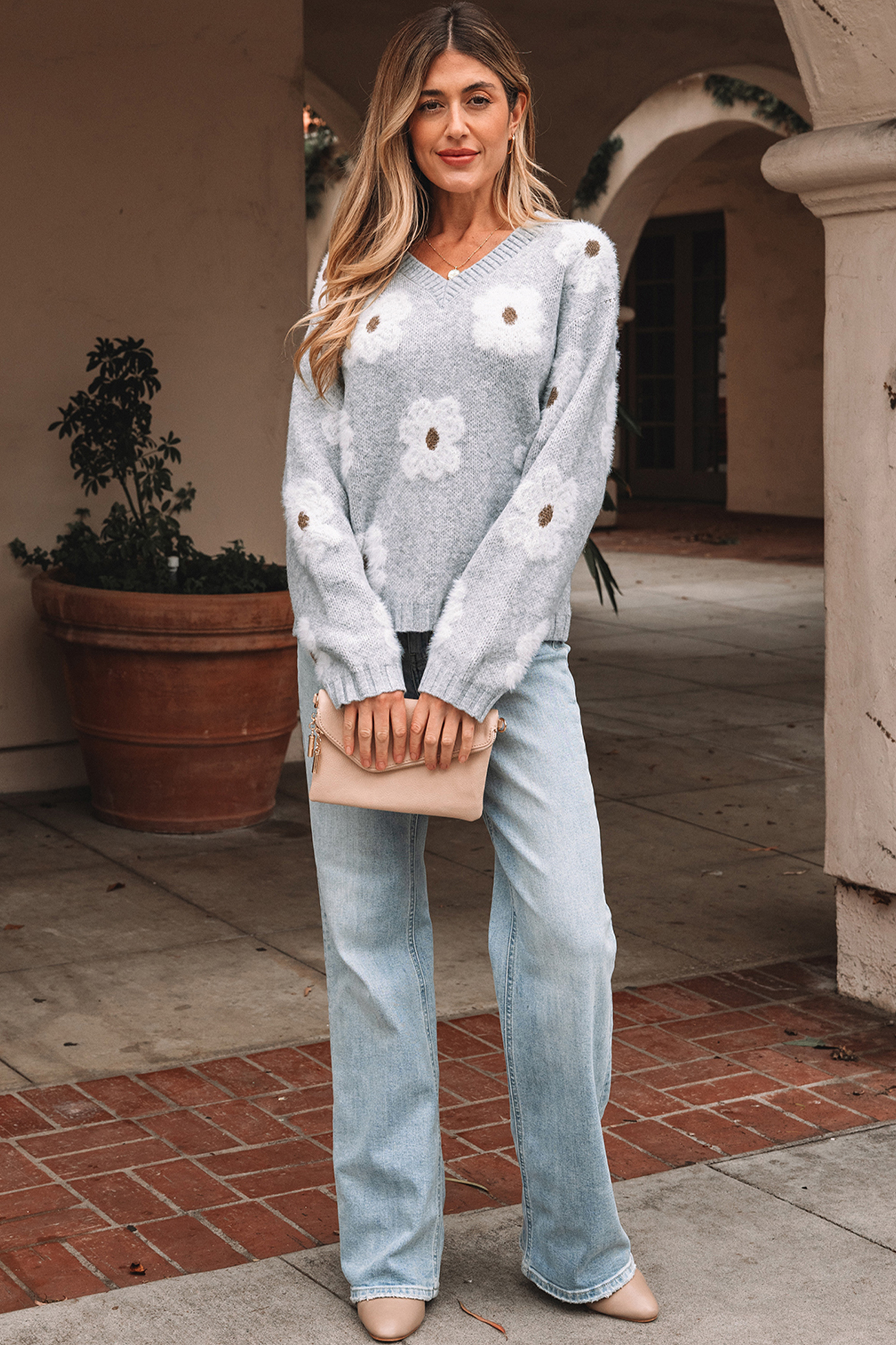 Gray Cute Flower Print V Neck Drop Shoulder Baggy Sweater - loveforevers
