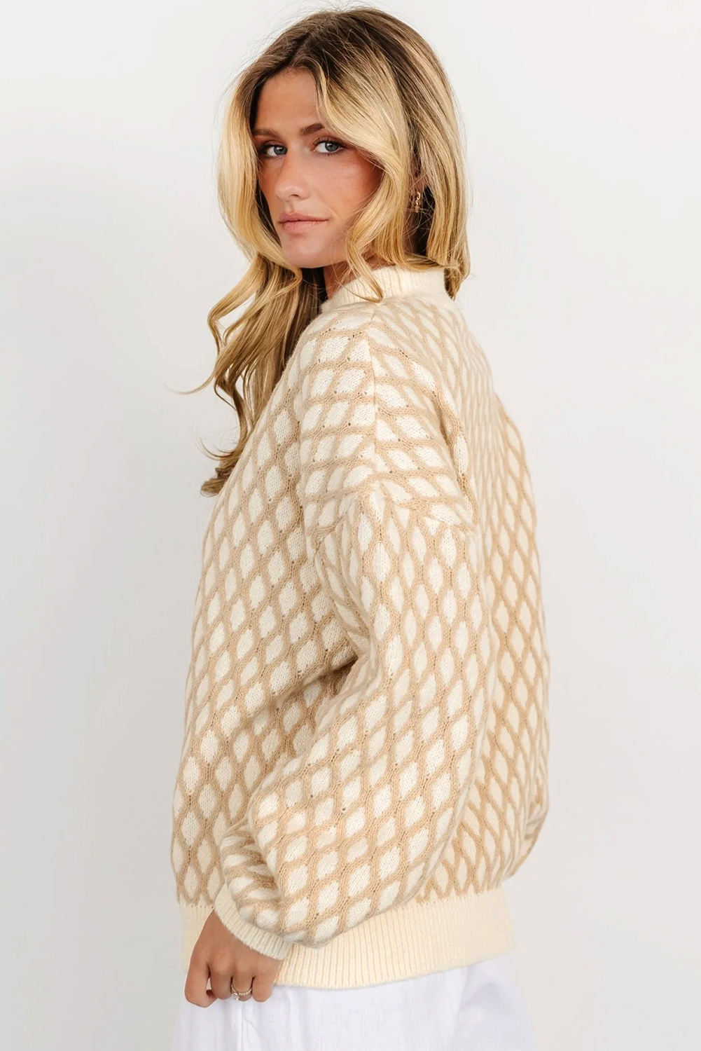 Oatmeal Diamond Knit Drop Shoulder Loose Sweater - loveforevers