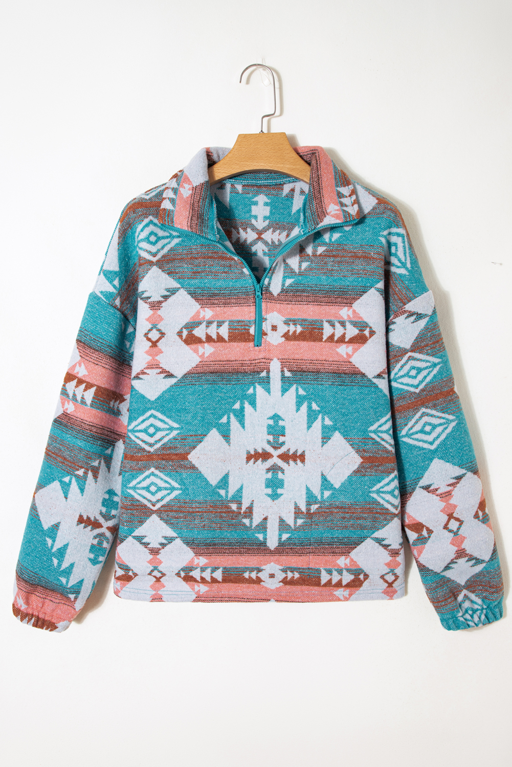 Green Quarter Zip Elastic Cuffs Aztec Sweatshirt - loveforevers