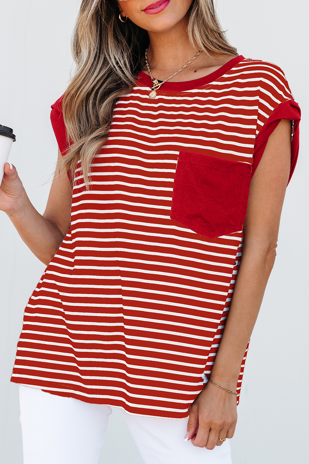 Red Stripe Chest Pocket Patch Round Neck Tank Top - loveforevers