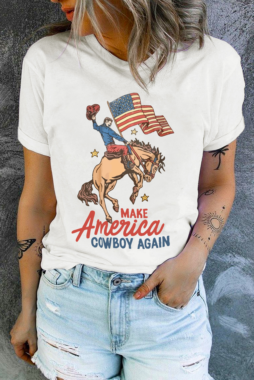 White MAKE AMERICA COWBOY AGAIN Graphic Crewneck Tee - loveforevers