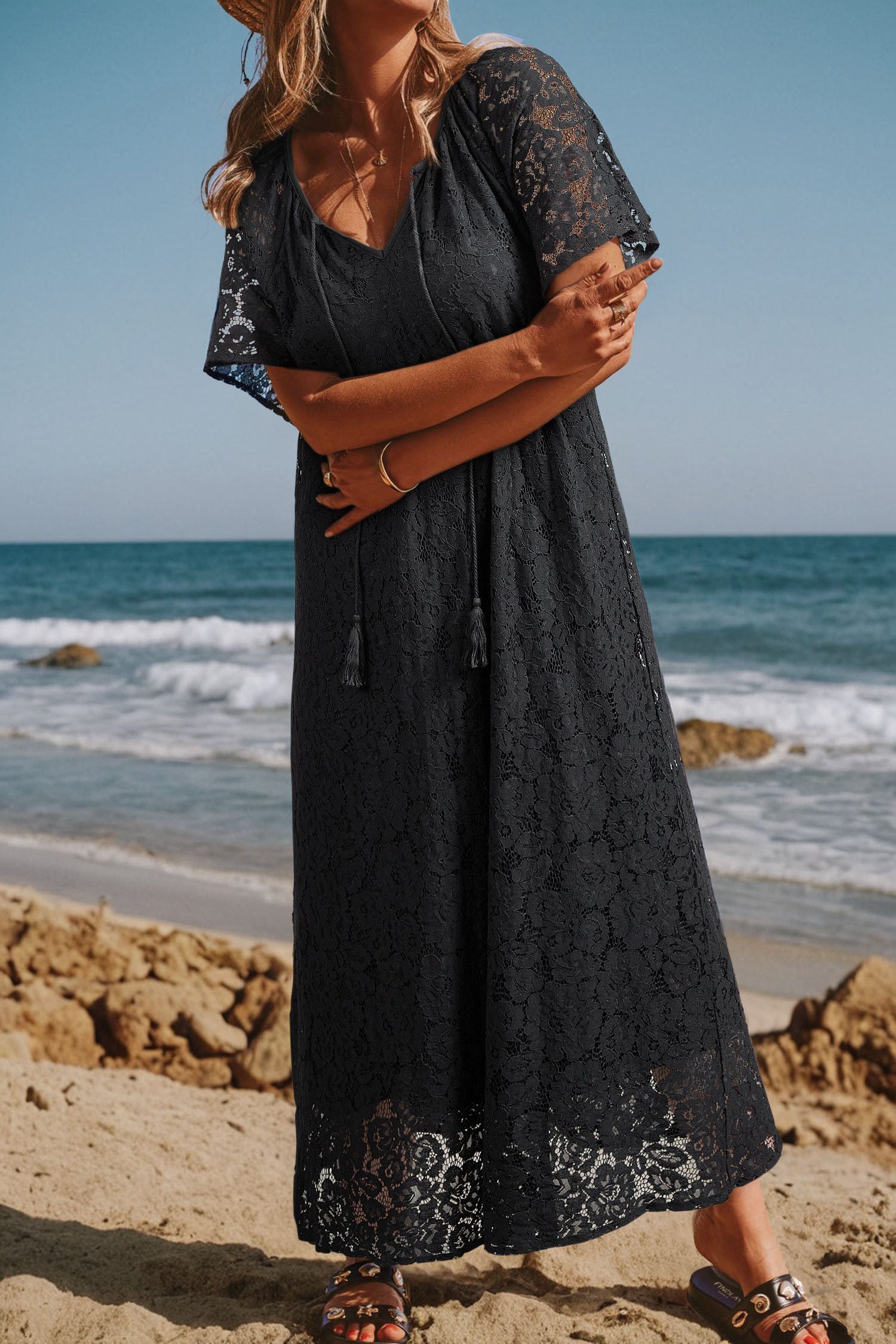 Black Floral Lace Overlay Tassel Tie Short Sleeve Beach Vacation Loose Maxi Dress - loveforevers