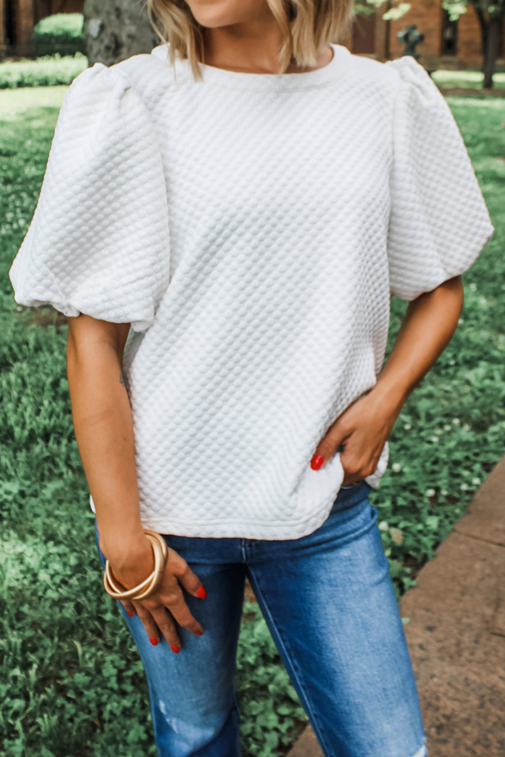White Solid Textured O Neck Puff Sleeve Blouse - loveforevers
