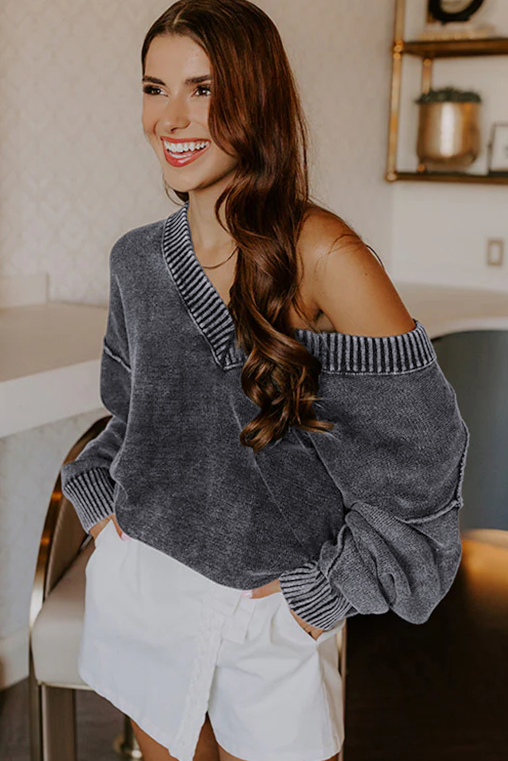 Four Leaf Clover Mineral Wash V Neck Knit Exposed Seam Drop Shoulder Loose Sweater - loveforevers
