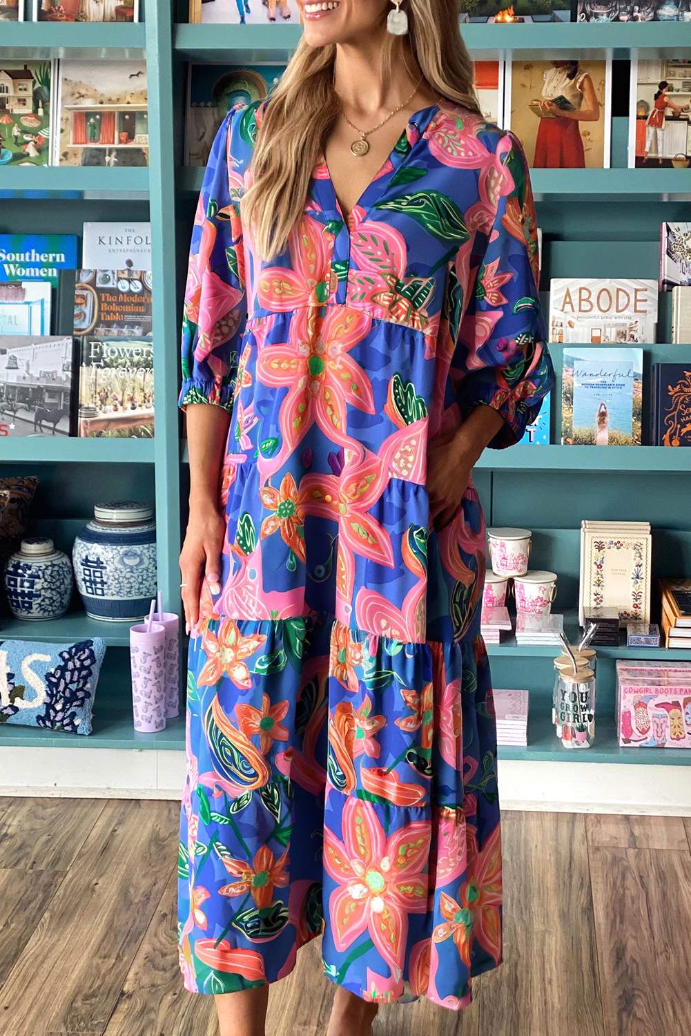 Blue Floral Print 3/4 Sleeve V Neck Tiered Long Dress - loveforevers
