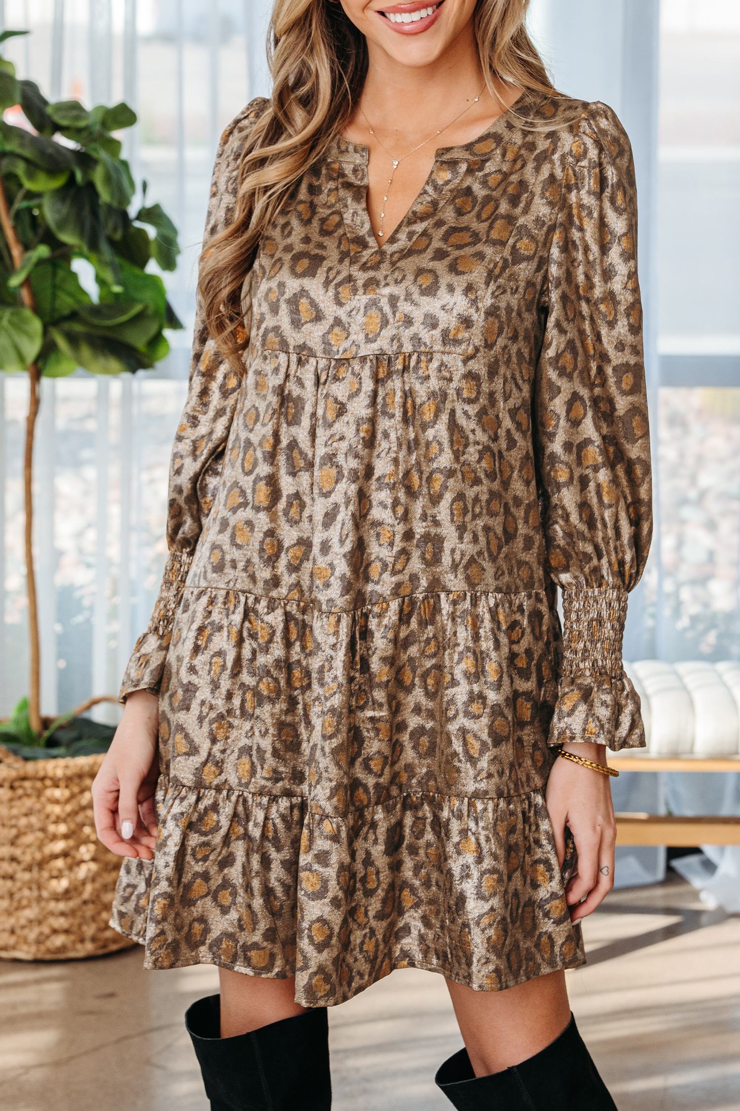 Khaki Leopard Print V Neck Ruffled Sleeve Tiered Loose Mini Dress - loveforevers